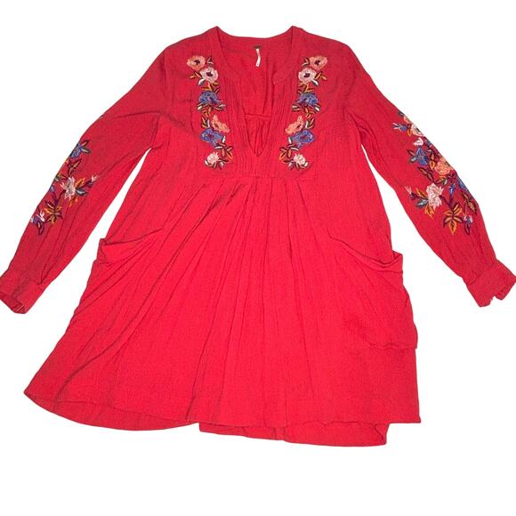 Free People Mia Red Floral Embroidered Gauze Long Sleeve Mini Swing Dress S - Picture 4 of 11